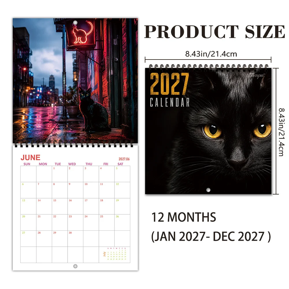 1pc 2027 Wall Calendar,Urban Black Cat Theme,12-Month Monthly Planner,Perfect Gift For Back-to-School Season,Christmas, New Year