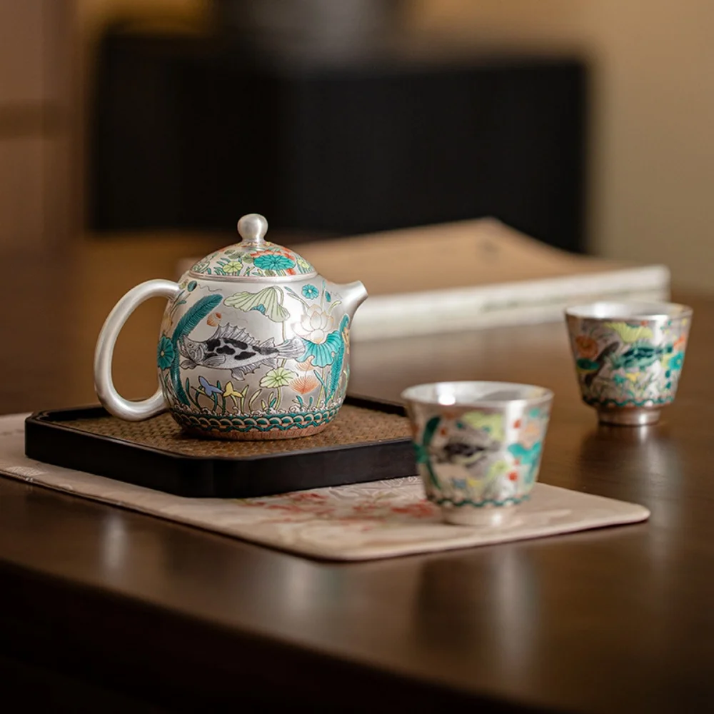 Silver Ceramic Fish Shaped Teapot with Tea Cups Set Chinese Dragon Egg Kung Fu Brewing Pot for Tea