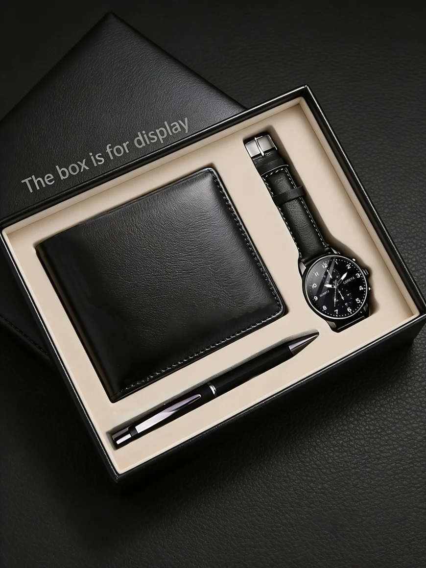 

Men's PU Leather Quartz Watch Set with Wallet And Signing Pen Office Kit Digital round Shell Design Ideal Gift without Box