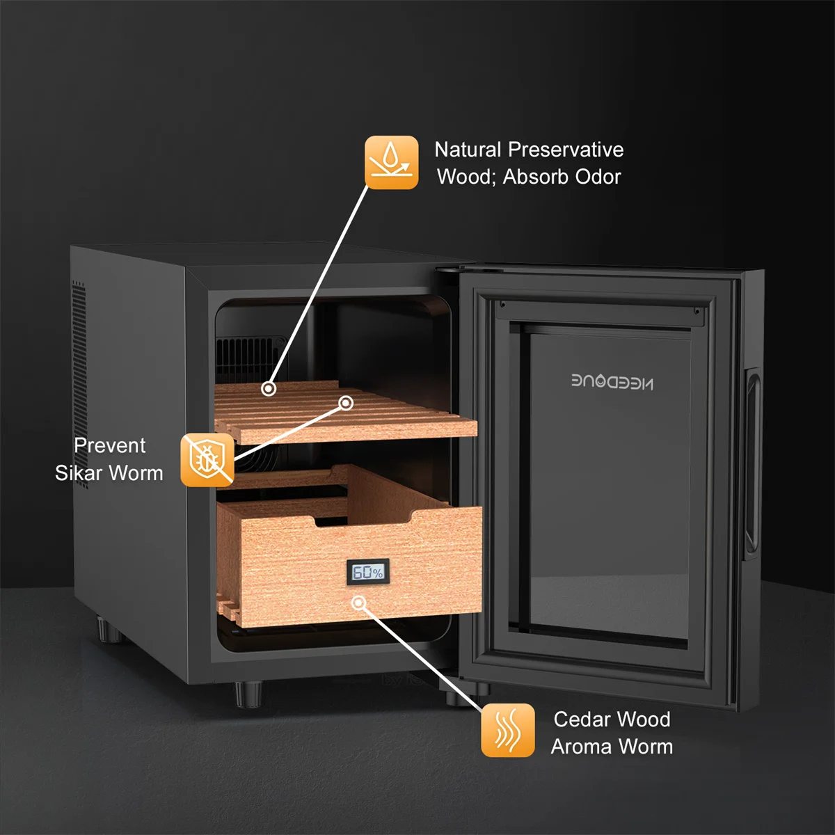 NEEDONE Humidor 16L con sistema di controllo della temperatura di raffreddamento e riscaldamento dispositivo di raffreddamento elettrico per 100 conteggi con igrometro digitale