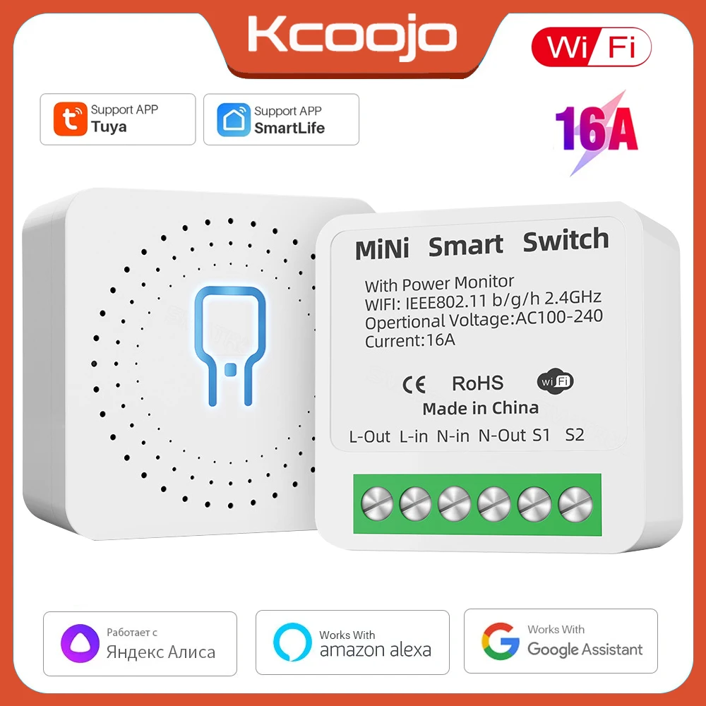 16A Tuya WiFi MiNi Smart Switch Power Monitor Timer Wireless Switch Breaker Control Work with Alexa Google Home Yandex Alice