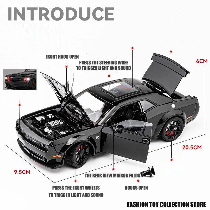 1:24 Dodge Challenger Hellcat Toy Car Die Cast Metel Cars Toy Pull Back Hellcat Model samochodu z dźwiękiem i światłem Hellc dla dzieci