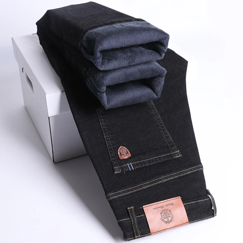Jeans caldi da uomo Nuovo stile invernale Stile classico Business Denim Casual Addensare Pantaloni in denim slim fit Pantaloni elastici blu neri