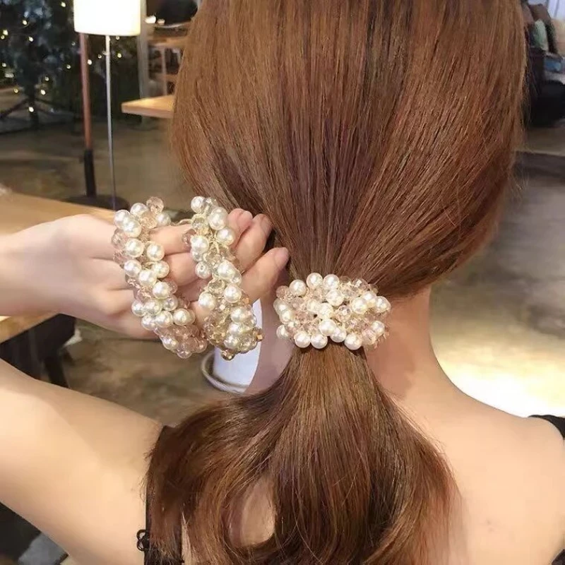 Korean Styles Women Crystal Beaded Hair Tie Elastic Pearl Ponytail Holders Hair Rope Girls Fashion Hair Accessories