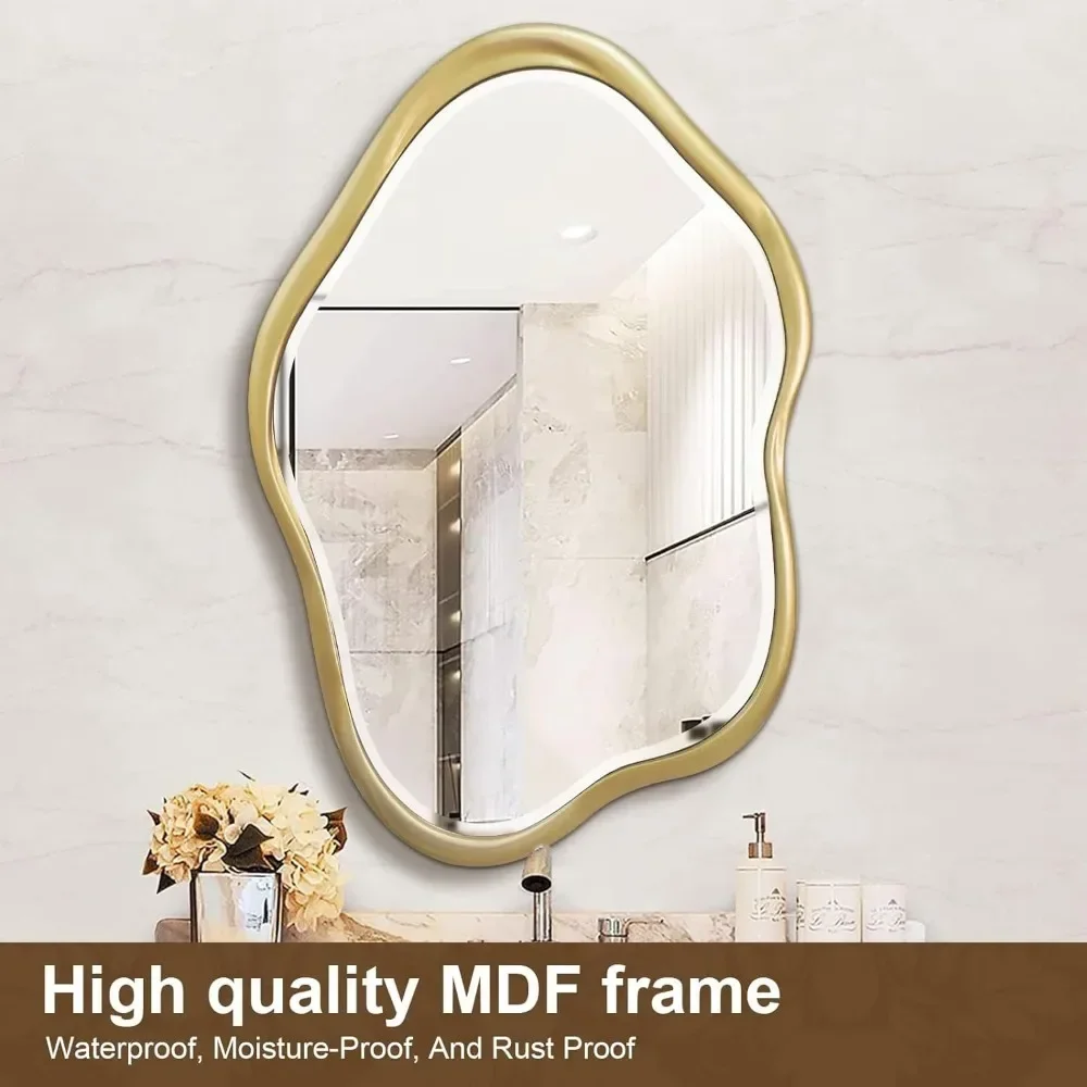 Irregular Wall Mirror, 24"X36" Gold Asymmetrical Bathroom Vanity Mirror Framed Cloud Decorative Mirror for Washroom, Bedroom