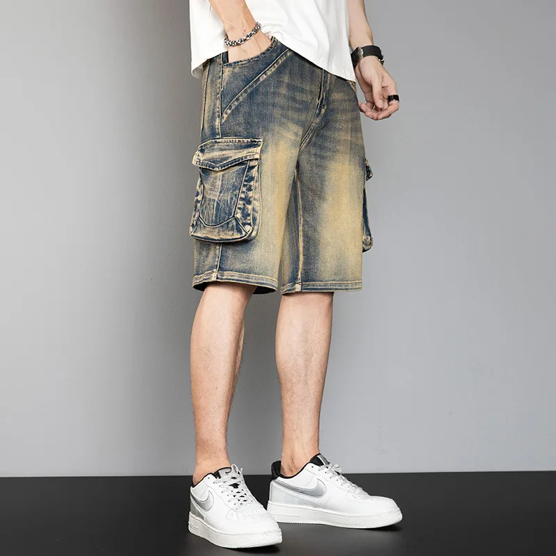 Retro Cargo Shorts Plus Size Men Casual Harem Boardshorts Loose Baggy Streetwear Denim Jeans Short Summer Clohting