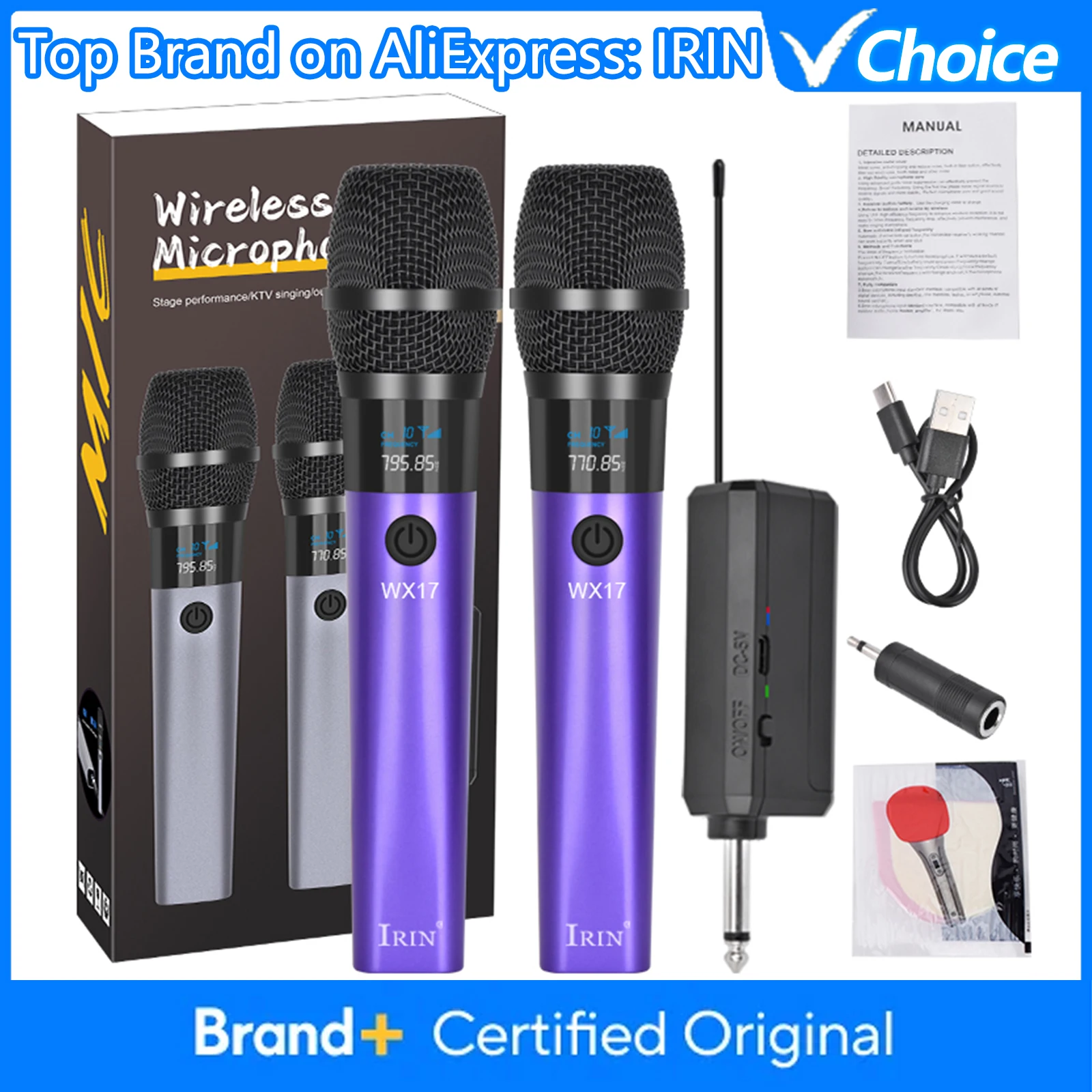 IRIN WX17 UHF Wireless Microphone System Professional Handheld Dynamic Mics for Stage Karaoke Live Streaming & Outdoor Events