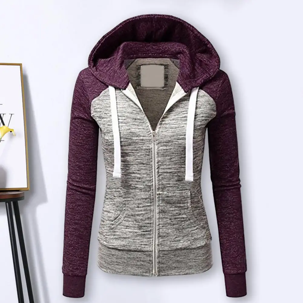 Sweatshirt Coat Long Sleeves Pocket Drawstring Colorblock Hooded Keep Warm Breathable PLus Size Lady Spring Coat Female Clothes