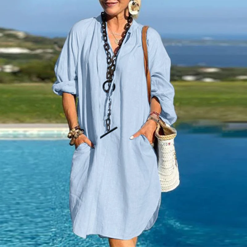 

Wi2023 Весенний новый женский льняной цвет Long Sve V-ne Dr, смесь хлопка и полиэстера, летняя мода, большие размеры