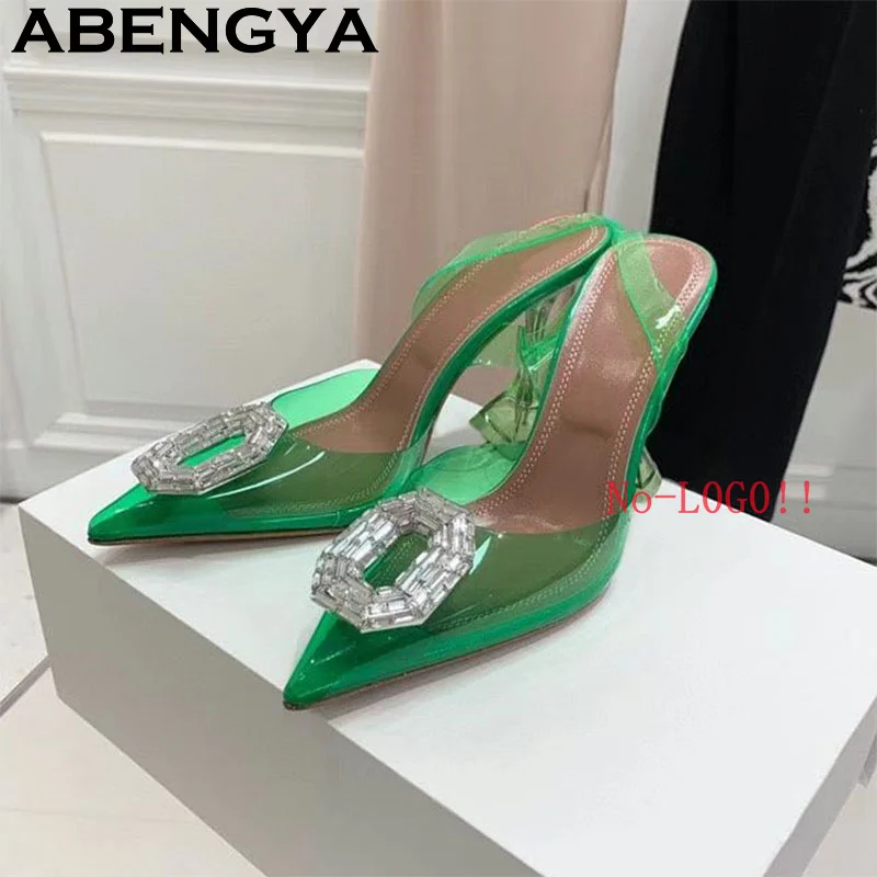 

ABENGYA Разноцветные прозрачные сандалии-гладиаторы из ПВХ для женщин, сандалии на высоком каблуке с острым носком, летние сексуальные туфли для вечеринок с кристаллами, Mujer