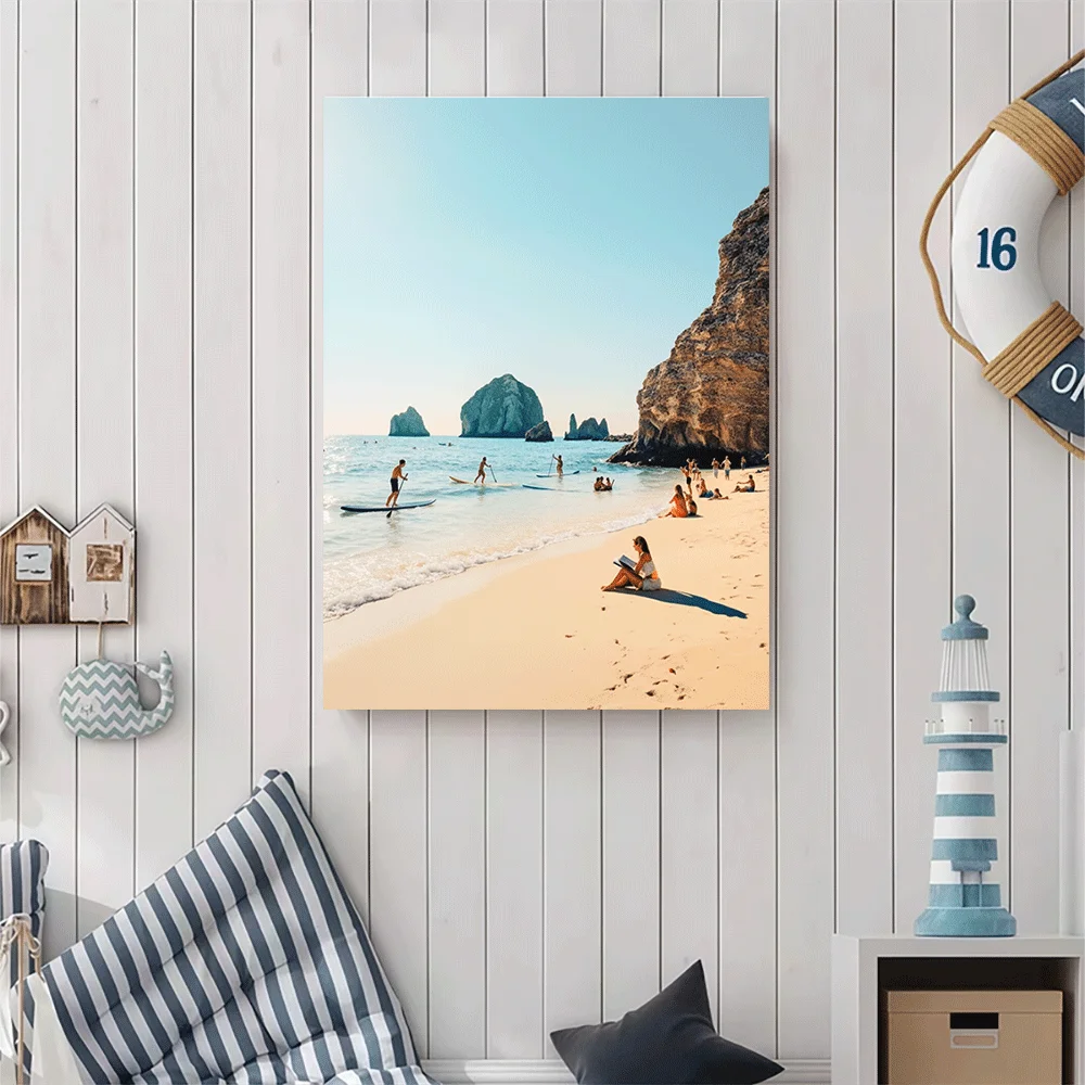 1PC-Unframed Canvas poster wall decoration  Beach Scene With Paddle Boarders And Rocky Cliffs