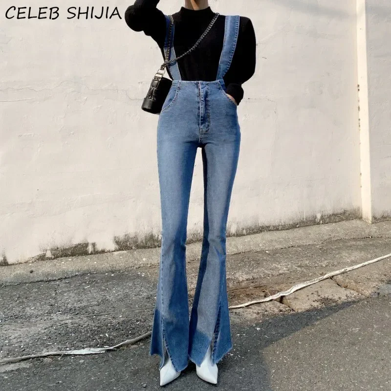 Overalls Jeans for Women Stretch Denim Streetwear High Waisted Flare Pants Woman Vintage Blue Summer Mom Jeans Female Bottoms