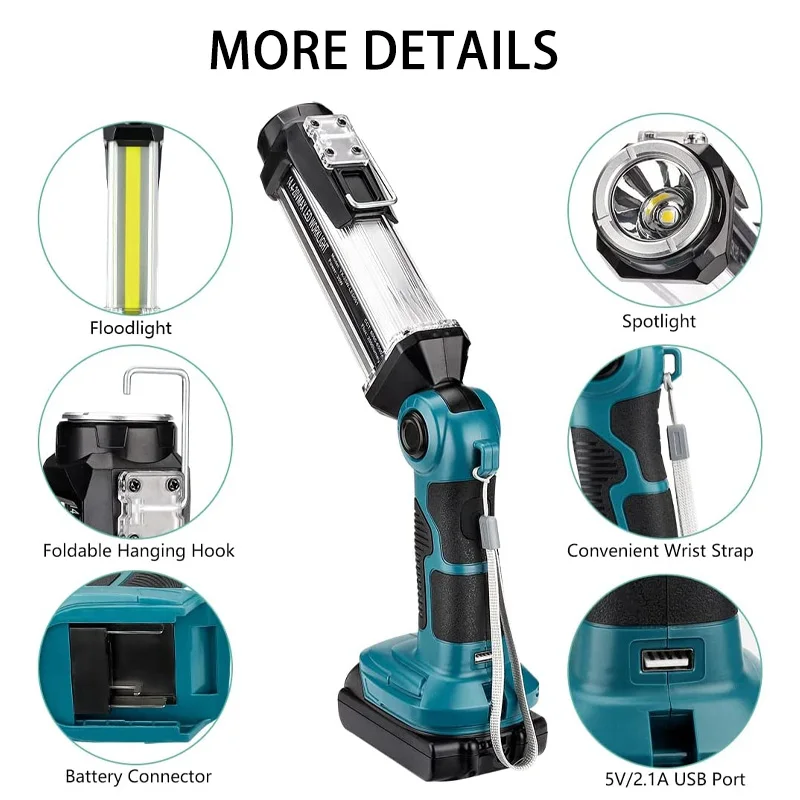 35W Cordless Work Light With Hook For Makita/Bosch/Dewalt/Milwaukee/Ryobi 18V Li-ion Battery Flashlight Emergency Light With USB