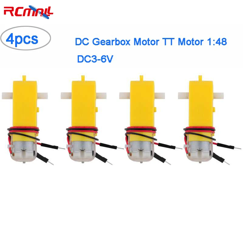 RCmall 4pcs DC Gearbox Motor TT Motor 200RPM DC 3-6V with Male Connector 1:48 Gear Ratio Motor for Arduino Smart Car Robot