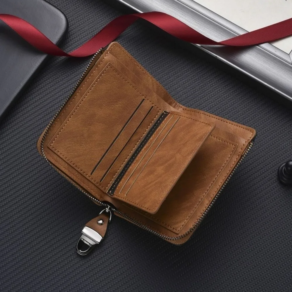 محفظة رجالية فاخرة بسحاب بلون سادة وفتحات بطاقات متعددة وحامل بطاقات عمل وإبزيم قصير ومحفظة جلدية للعملات المعدنية يوميًا #2