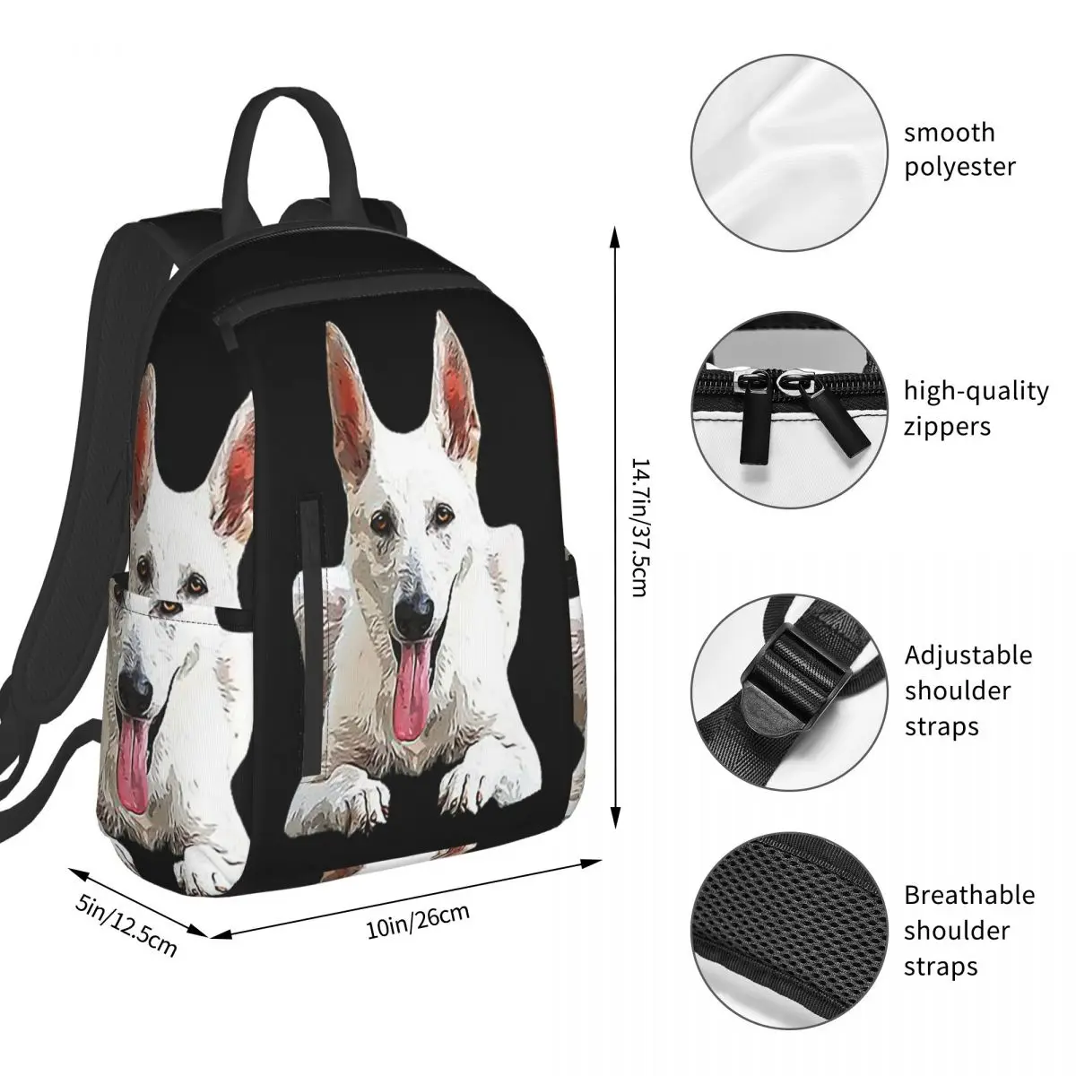 White Swiss Shepherd White German Shepherd Backpack Daypack Boys Girls BookBag School Bag Shoulder Bags for Men Women