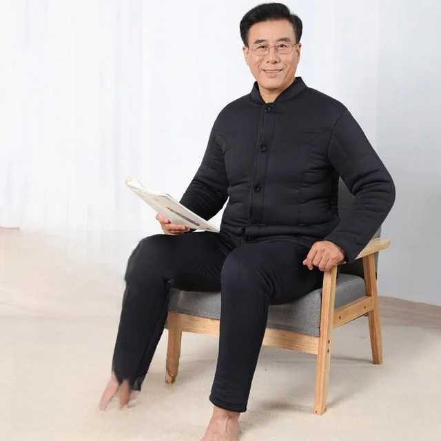 Thiened Camel Down FCE-gefüttertes Baumwoll-Jaset- und Hosen-Set für Männer mittleren Alters und mit warmer Widerstand kalter Baumwolle.