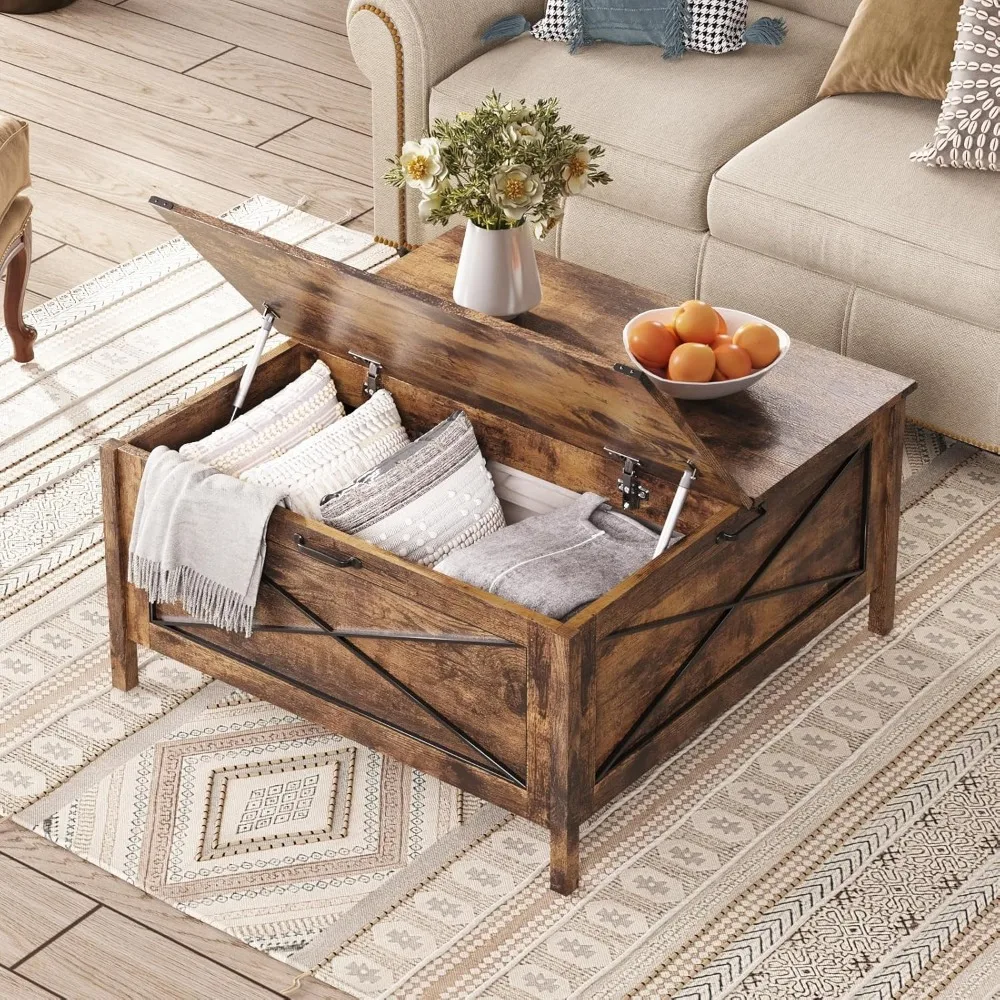 Table basse carrée de style ferme avec rangement caché pour le salon, design en bois rustique, pièce maîtresse idéale