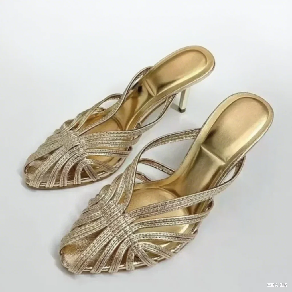 

High Heels Summer Women Roman Sandals Gold Dating Casual Elegant Stiletto Breathable Hollow Design Female Party Mules Shoes