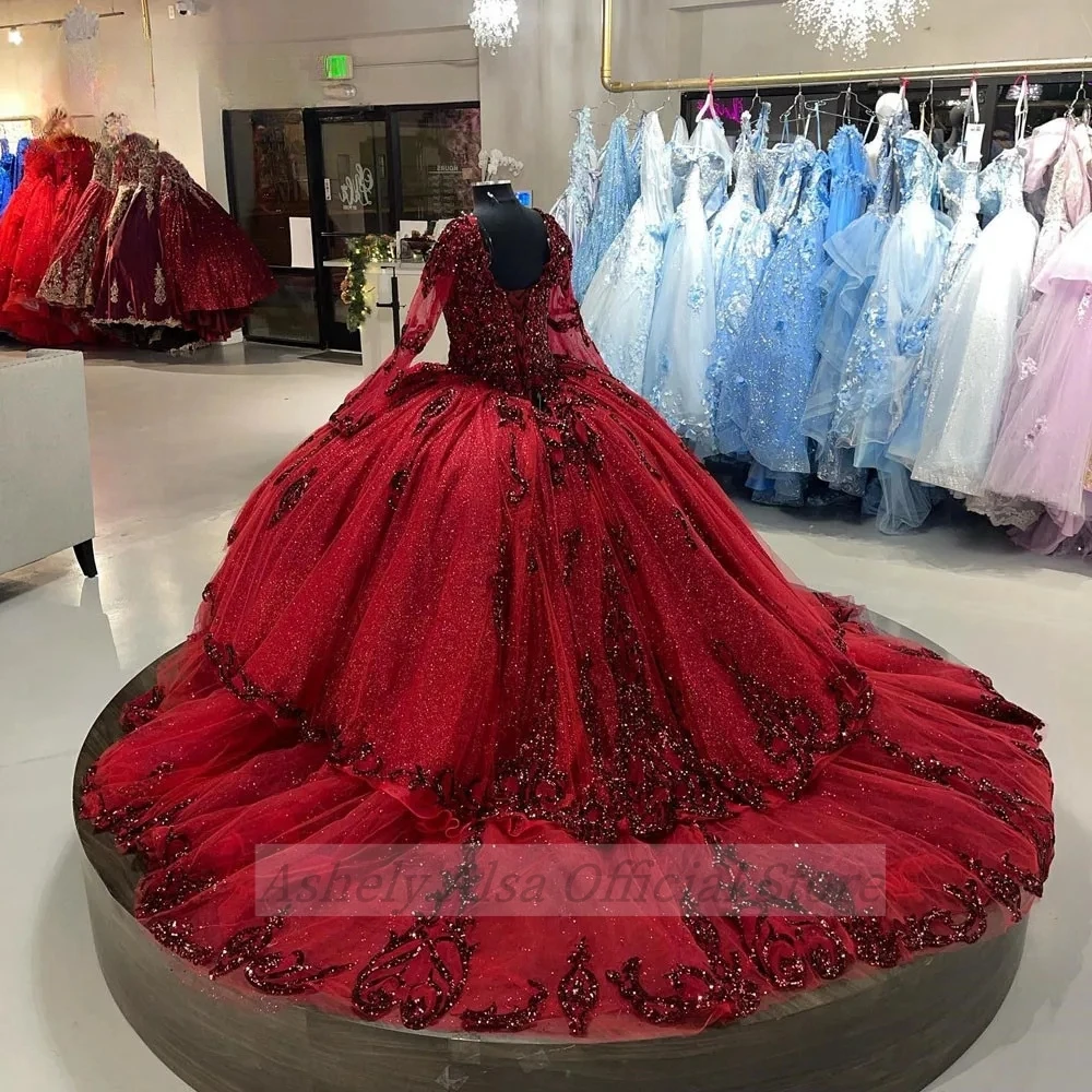 فساتين Quinceanera مزينة بالدانتيل بأكمام طويلة ورقبة على شكل حرف V ، فستان حفلة موسيقية للفتيات الحلوة ، عربي سعودي ، نبيذ أحمر ، 15 ، 16