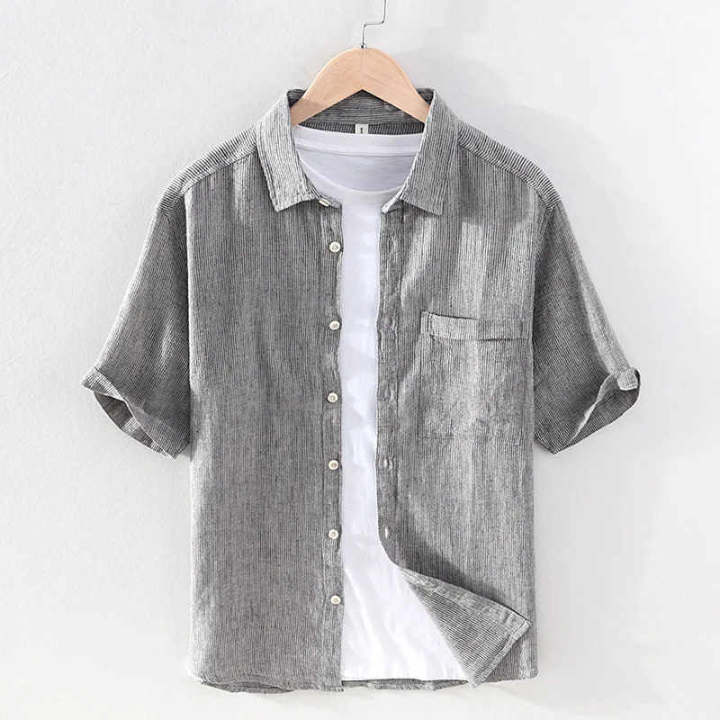 

Vintage 55% Linen 45% Cotton Striped Printed Shirt for Men Summer Short Sleeve Casual Blouses 24SS Y2k Youth Male Kung fu Tops