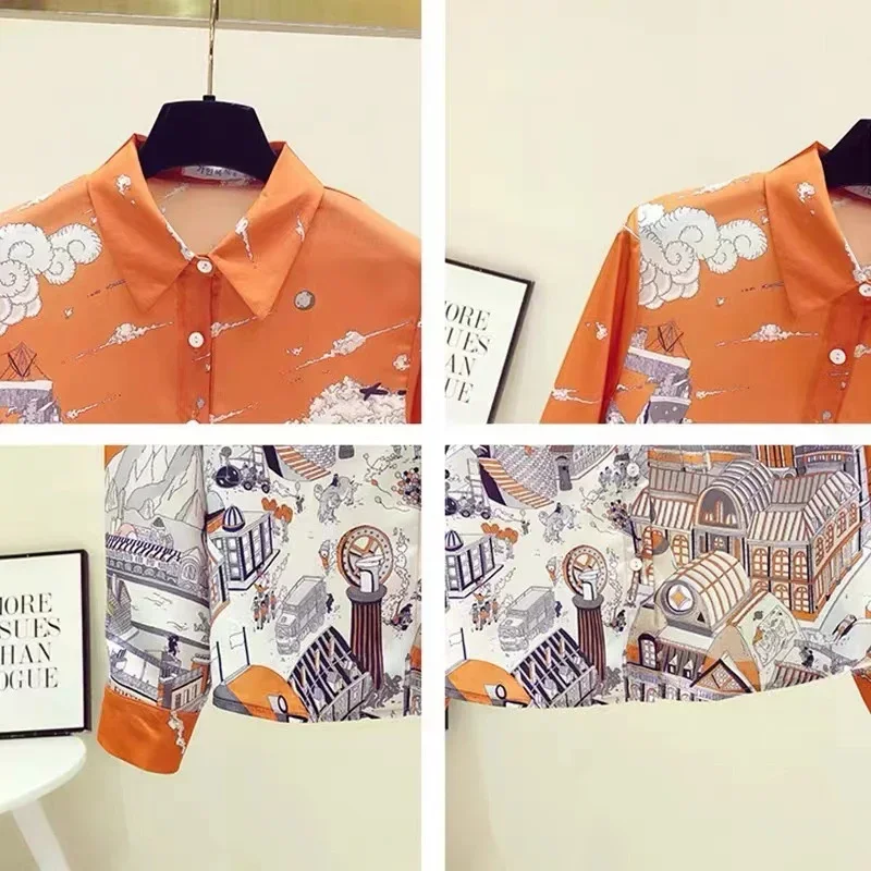 S-3XL Orange White Print Spring Summer Shirts for Women Tops Korean Style Casual Long Sleeved Shirt blusas de mujer