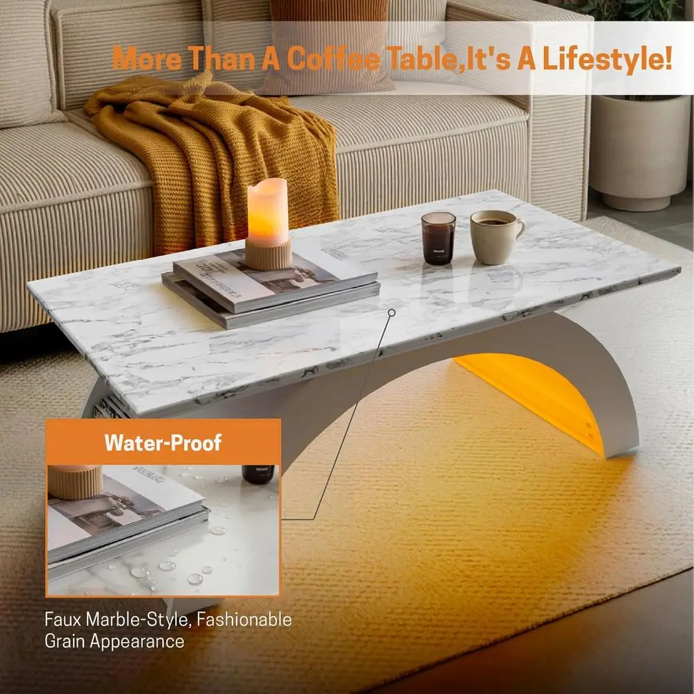 LED RGB Illuminated Marble Effect Small Coffee Table for Living Room, Dining Area, and Office