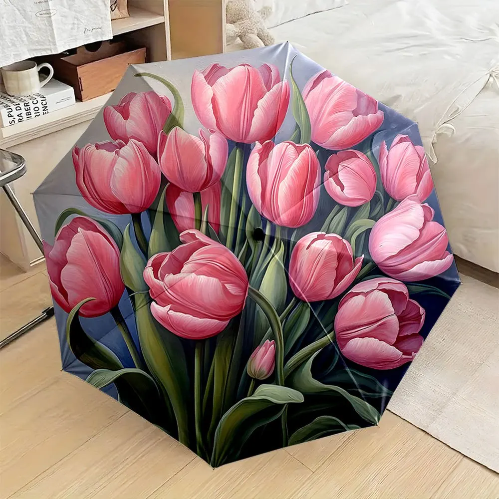 

Automatic Folding Umbrella with Pink Tulips & Green Stems - Portable Collapsible Design, 8-Rib Durable Frame, Stylish Outdoor