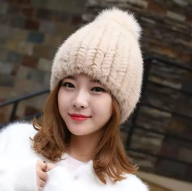 

Real Mink Fur Hat For Women New Brand Female Ladies Winter Handmade Knitted Warm Soft Beanies with Big Real FOx Fur Pompoms Caps