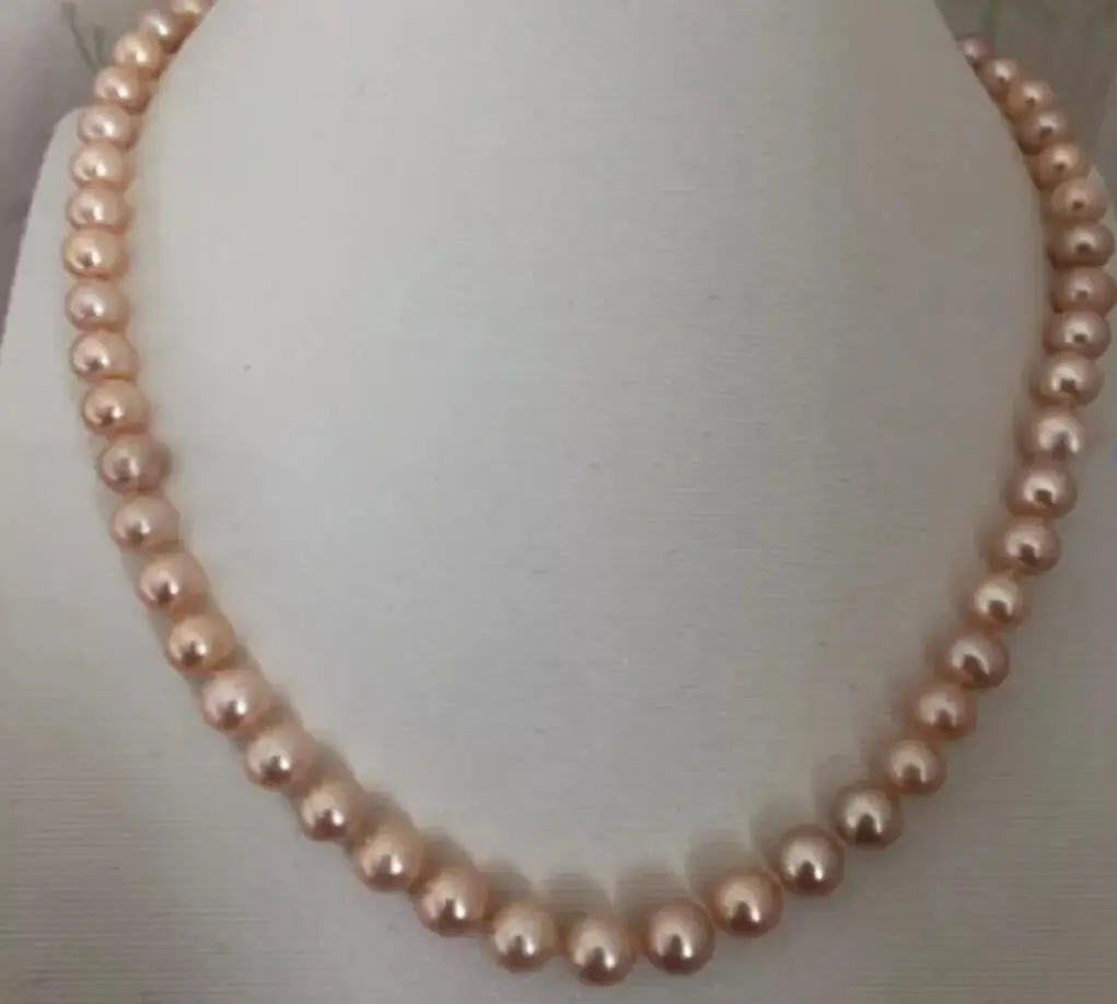 Beautiful 7-8mm pink AAA akoya South Sea round pearl necklace 16/36 inch 14k gold buckle