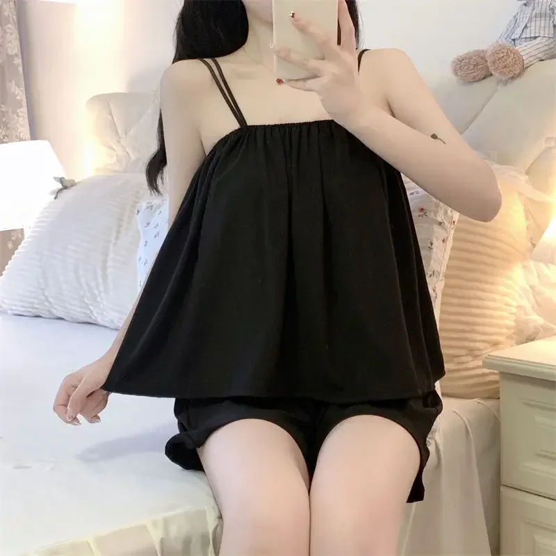 

Sleeveless Pajama Sets Women Sleepwear Solid Summer Korean Style Lovely Schoolgirls Lounge Cozy Sexy Elegant Casual Simple Chic