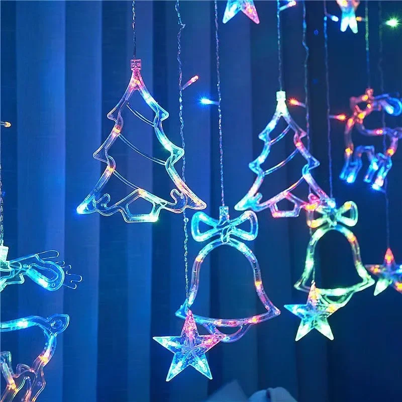 3.5M EU Plug LED Christmas Curtain Lights Deer Star Bell Fairy String Christmas Ornaments Wedding Party New Year Xmas Tree Decor