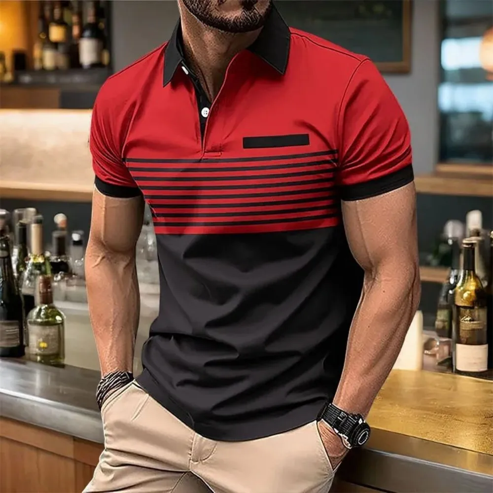 European and American Men's Summer Fashion Simple Striped Print Comfortable Breathable Polo Short Sleeved T-Shirt Outdoor Casual image 5