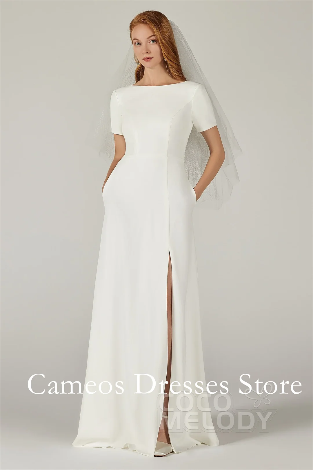 SONDR Customized Boat Neck Backless Ruched Ivory Side Pocket Wedding Dresses Sheath Soft Satin Brides Gowns Women Bridal Dresses