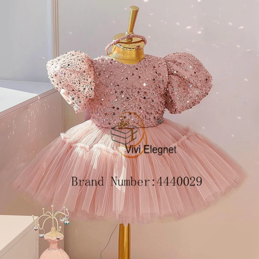 Modern Pink Flower Girls Dresses for Kids 2024 Tiered Short Sleeve Wedding Party Dresses Real Picture Sequined فلور فتاة اللباس