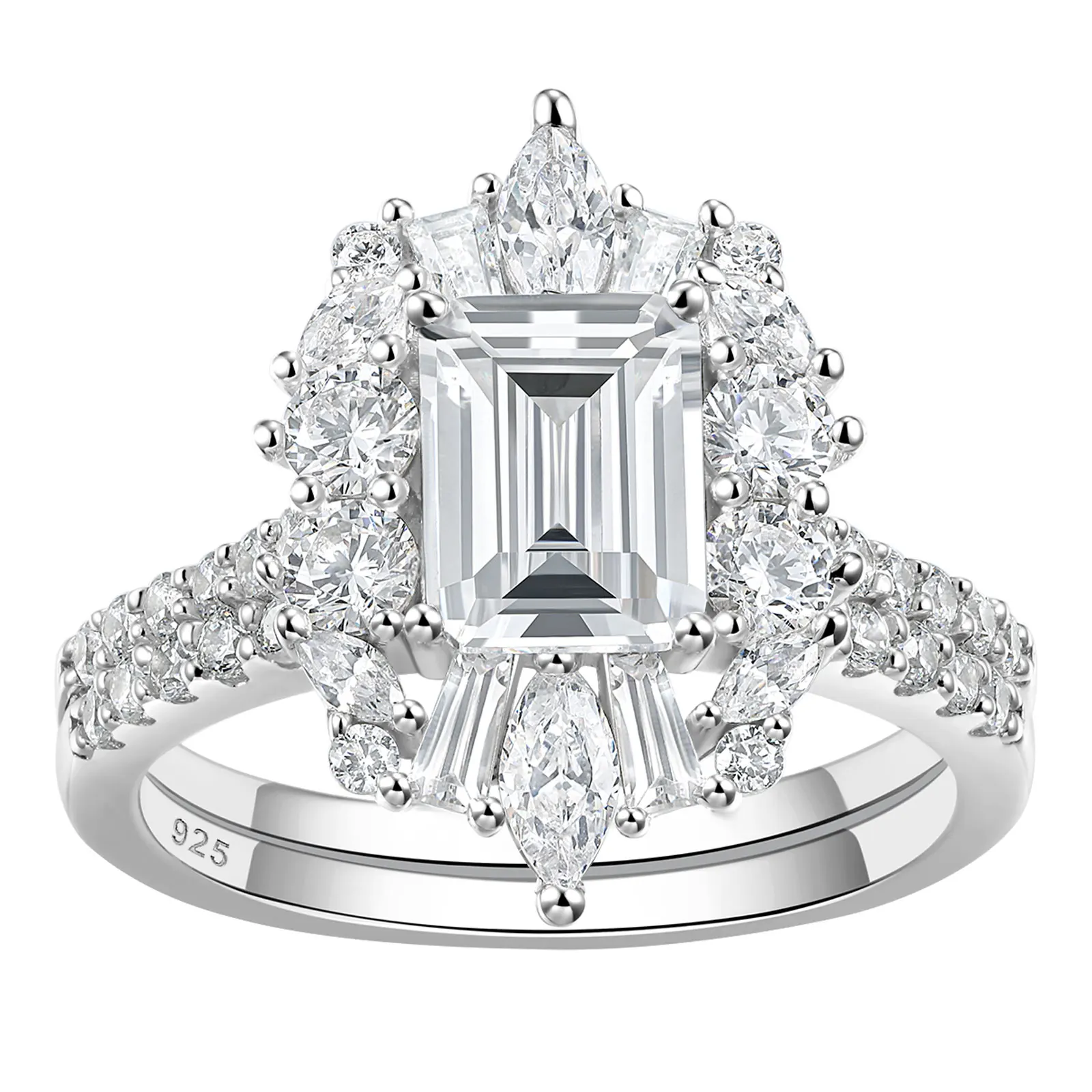 Newshe Vintage Emerald Cut Wedding Ring Set Engagement Rings for Women 925 Sterling Silver 5A Cubic Zirconia Fine Jewelry Gift