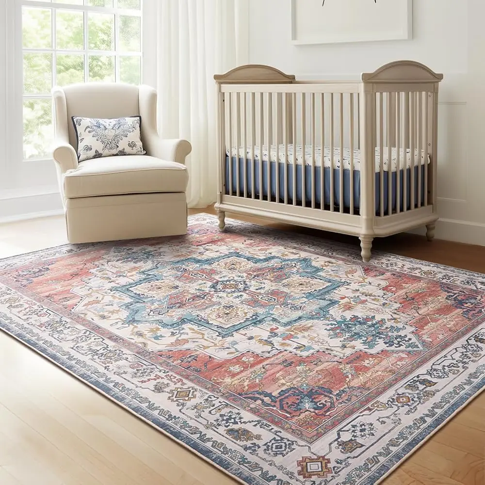 

Distressed Boho 5X7 Area Rugs For Bedroom Girls Nursery Non Slip Washable, Traditional Medallion Pattern Printed Low Pile Thin