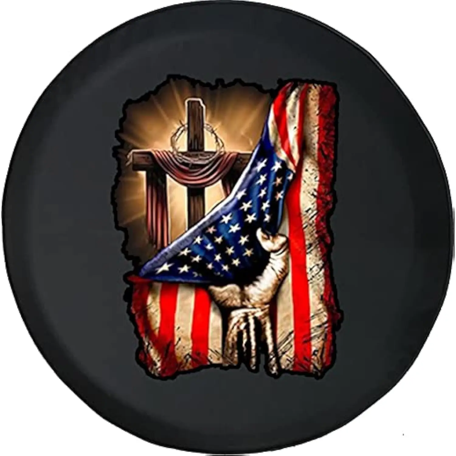 

Christian American Flag Cross Spare Tire Cover Religious Patriotism 29 Inch Protector