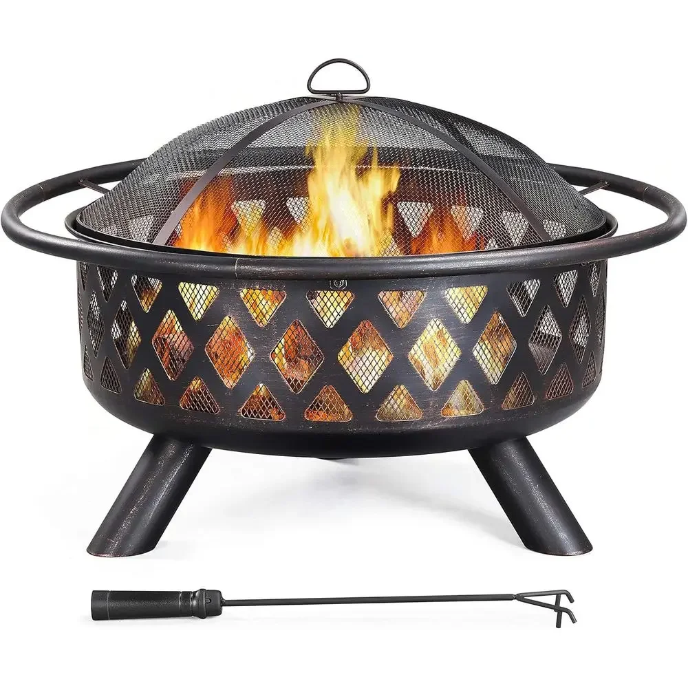 36-inch Outdoor Wood-Burning Fire Pit with Mesh Spark Screen, Poker, and Rain Cover