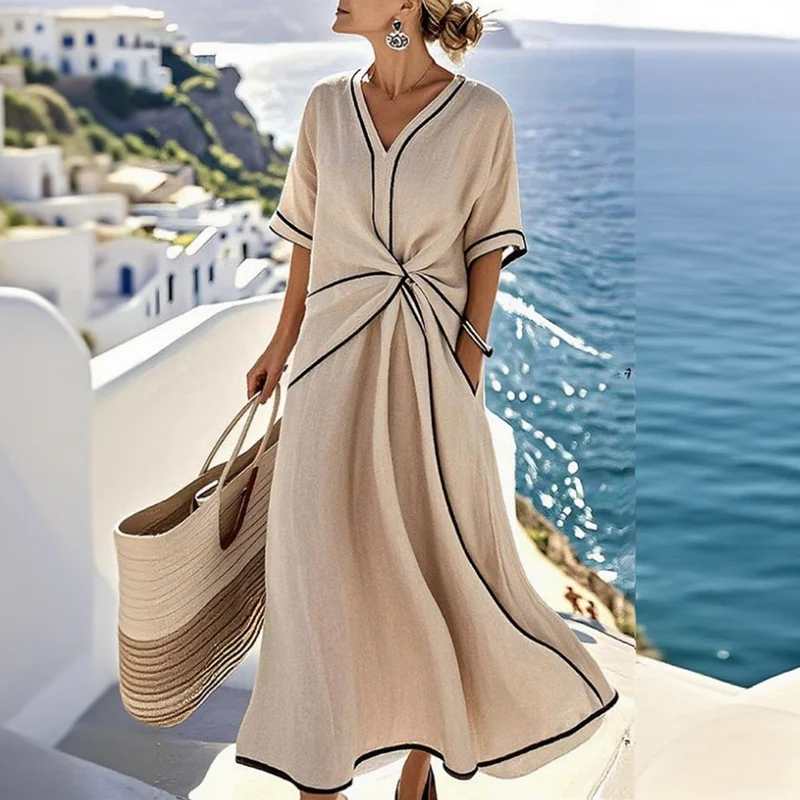 

Elegant Striped Print Short Sleeve Woman Dress Casual V Neck Vacation Beach Maxi Dress Summer Boho Loose Irregular A-Line Dress