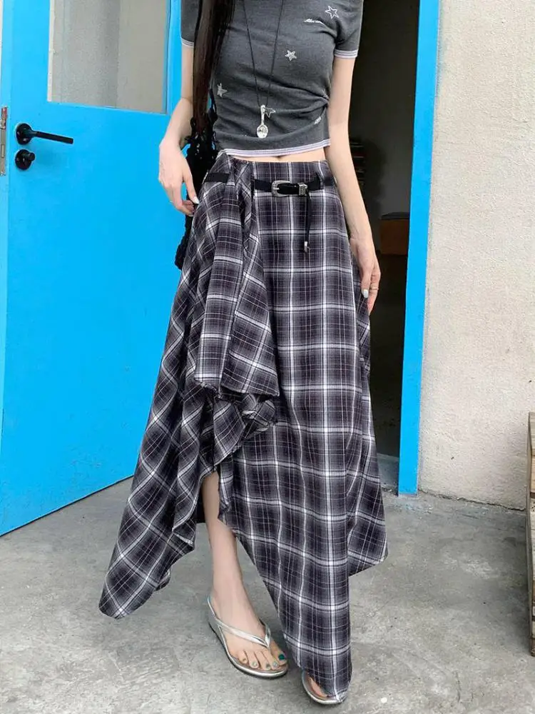 

Летняя черная клетчатая элегантная плиссированная юбка нестандартной формы, французская винтажная женская юбка с высокой талией, сексуальные вечерние длинные юбки, уличная мода, новинка