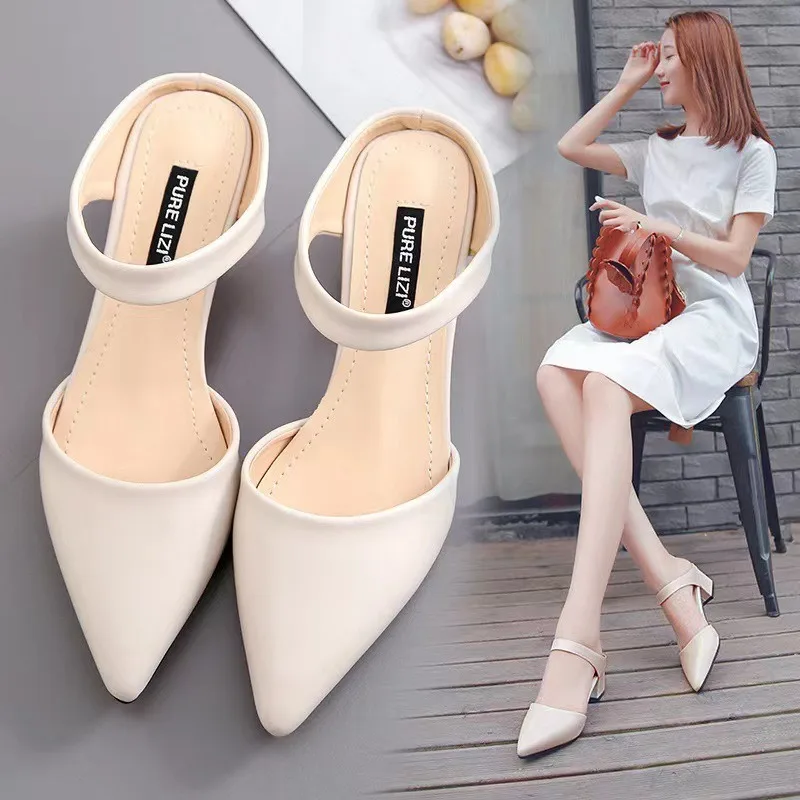 Women Toe High Heeled Sandals Summer New Fashion Pointed Toe Buckle Square Heel Toe Toe Mid Heel Brown Sandals for Casual Women