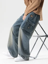 2024 Autumn New Men's Cargo Jeans Big Size 8XL 7XL 6XL String Banding Cotton Wide Leg Denim Pants Straight Baggy Jean Trousers