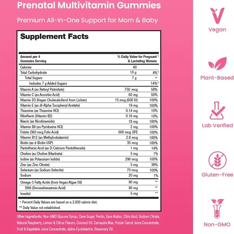 Prenatal Vitamin Gummies Containing DHA and Folic Acid Contain Omega 3 and D3, Promoting Fetal Development with 60 Capsules