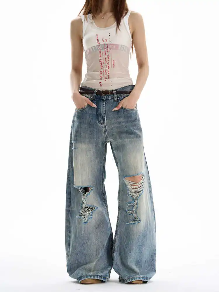 

Women's Blue Baggy Y2k Grunge Ripped Jeans Harajuku Vintage Denim Trouser Oversize Jeans Long Pants Japanese 2000s Style Clothes