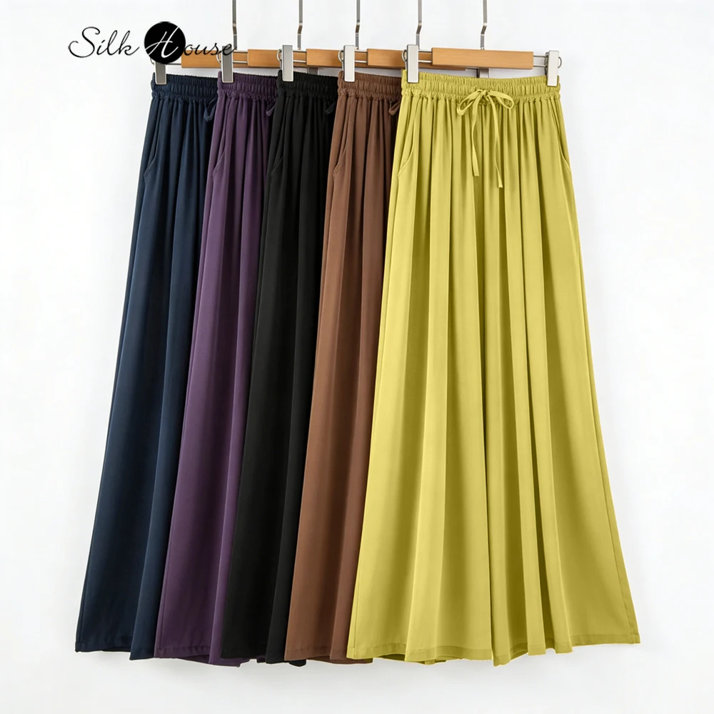 Damenmode-Kleidung 100% Natürliche Maulbeerseide Jianhong Krepp Elastischer Kordelzug Hohe Taille Lässige Vielseitige Weite Hose