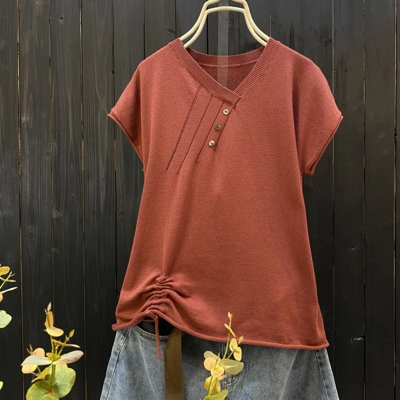 Summer New Loose Knitted Cotton Blend Base Shirt Casual Short Sleeve V-Neck Drawstring Women's Fashionable Versatile Top