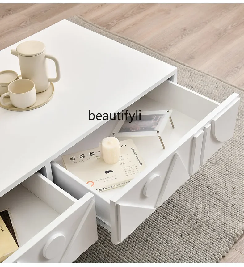 French Cream Style Coffee Table TV Cabinet Combination Light Luxury  Living Room High-Grade White Paint Designer Floor Cabinet