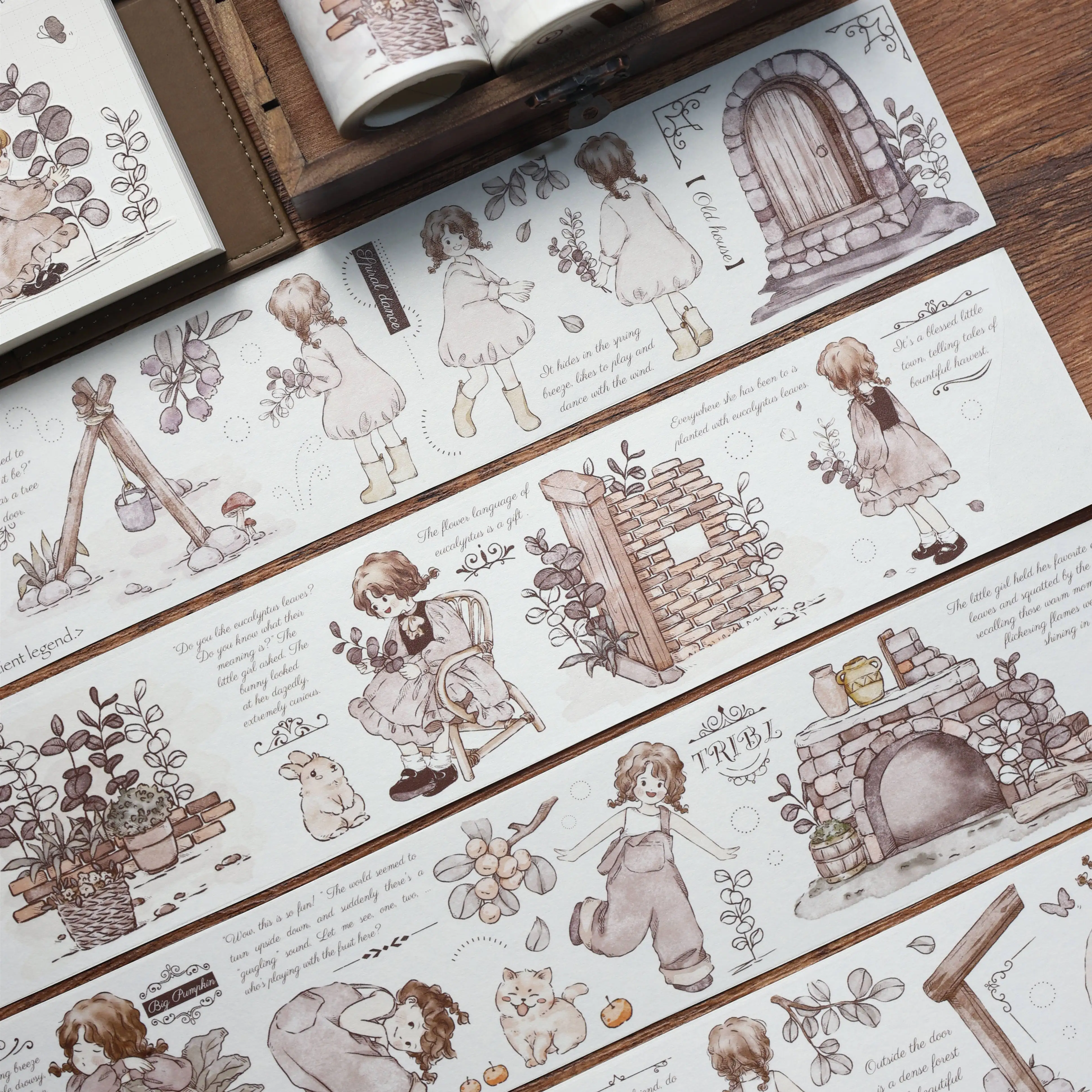 Little Cute Girl In Small Town Vintage Picture Book Style Figure Washi Masking PET Tape Roll