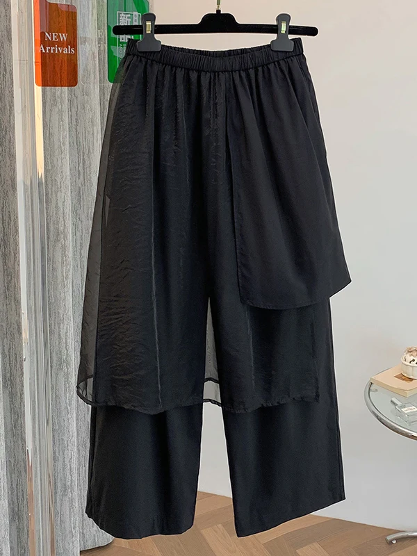 

Artistic Patchwork Design Wide Leg Pants Casual Loose Fit Seven Inch Length Pure Color plus Size Women's Elastic Waist
